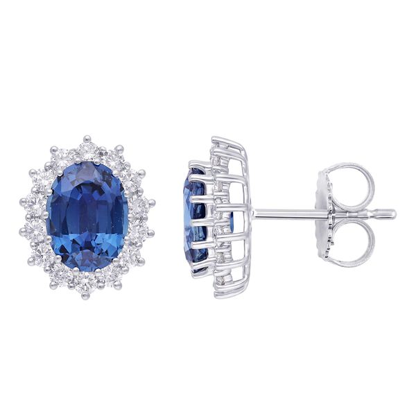 Oval Blue Sapphire and Sunburst Diamond Halo Stud Earrings