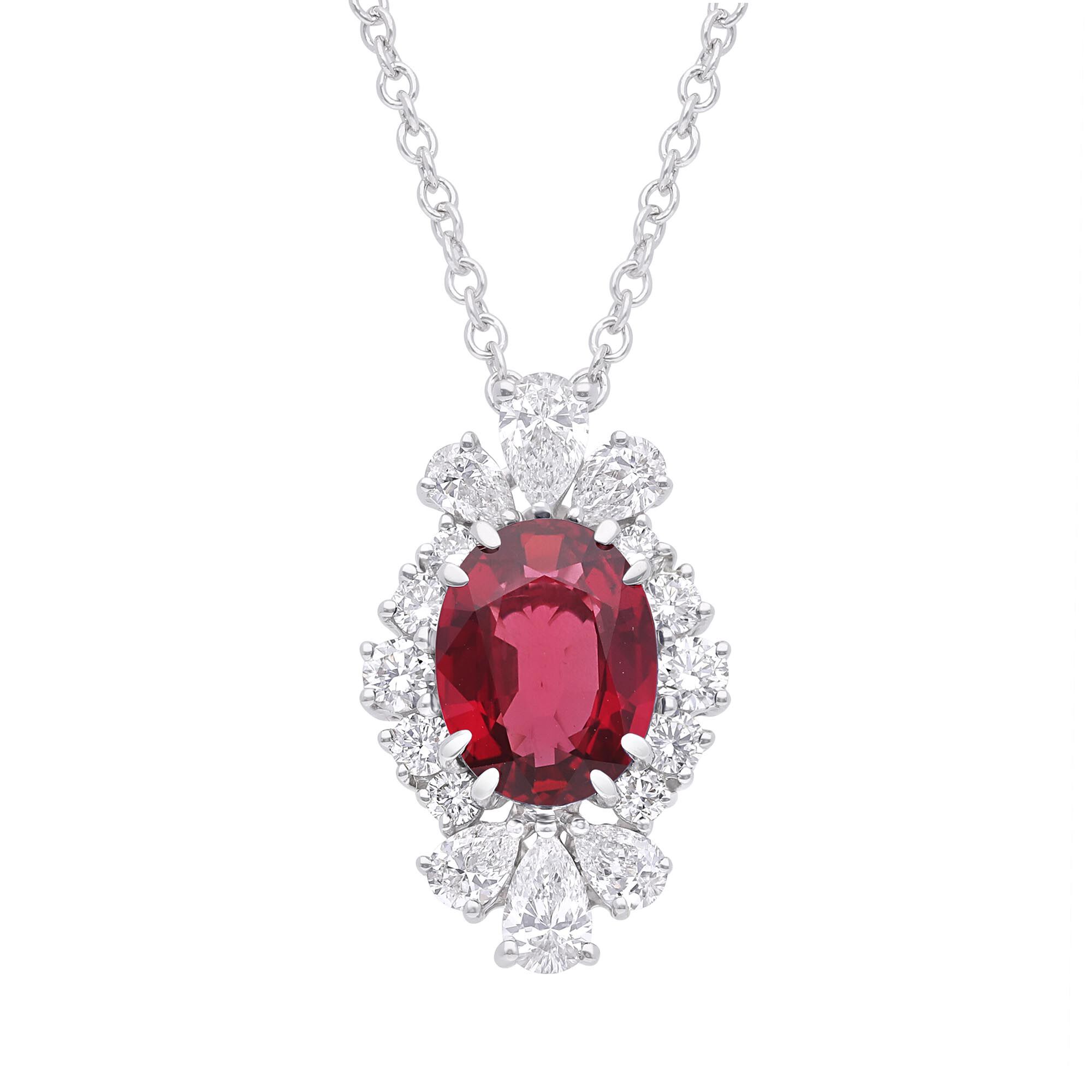 Fancy Oval Ruby and Diamond Halo Pendant