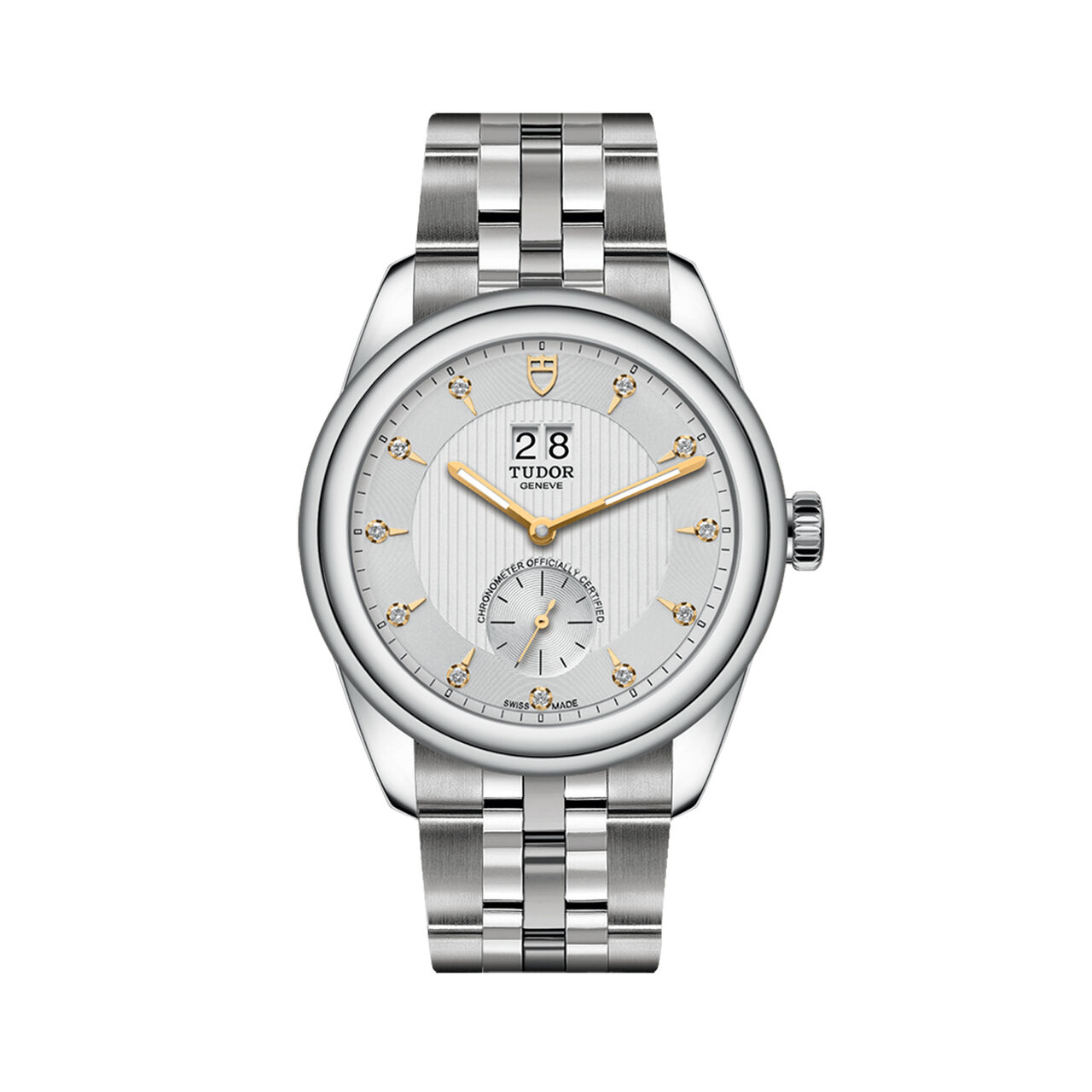 tudor glamour double date 42 mm gold plated silver diamond set dial steel bracelet m57100 0005 image number 0