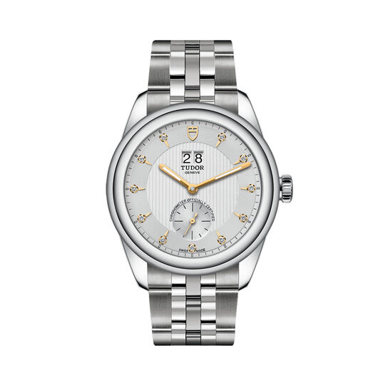 tudor glamour double date 42 mm gold plated silver diamond set dial steel bracelet m57100 0005 image number 0