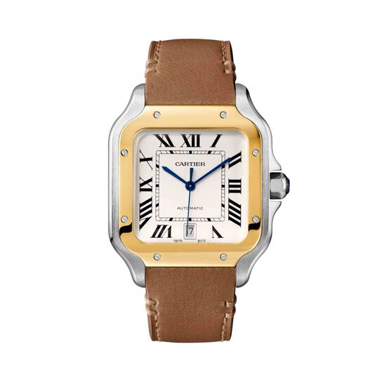 santos cartier large automatic 39 yellow gold steel w2sa0009 front leather image number 0