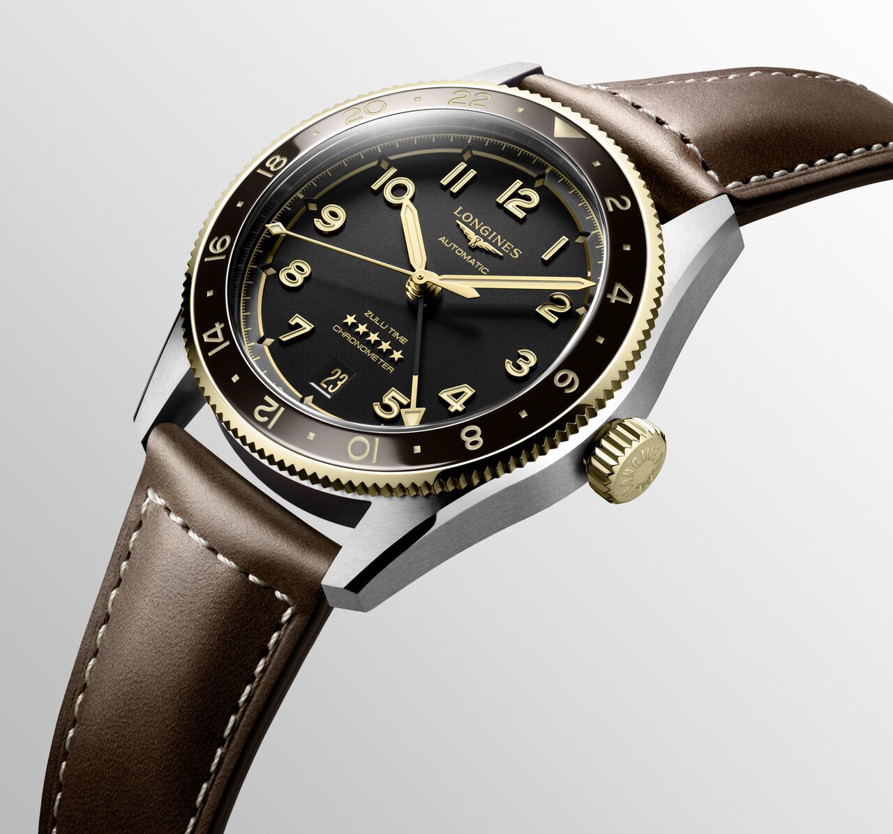 Longines Spirit Zulu Time Automatic GMT 39 mm Yellow Gold and Stainless Steel L3.802.5.53.2 Angle image number 3