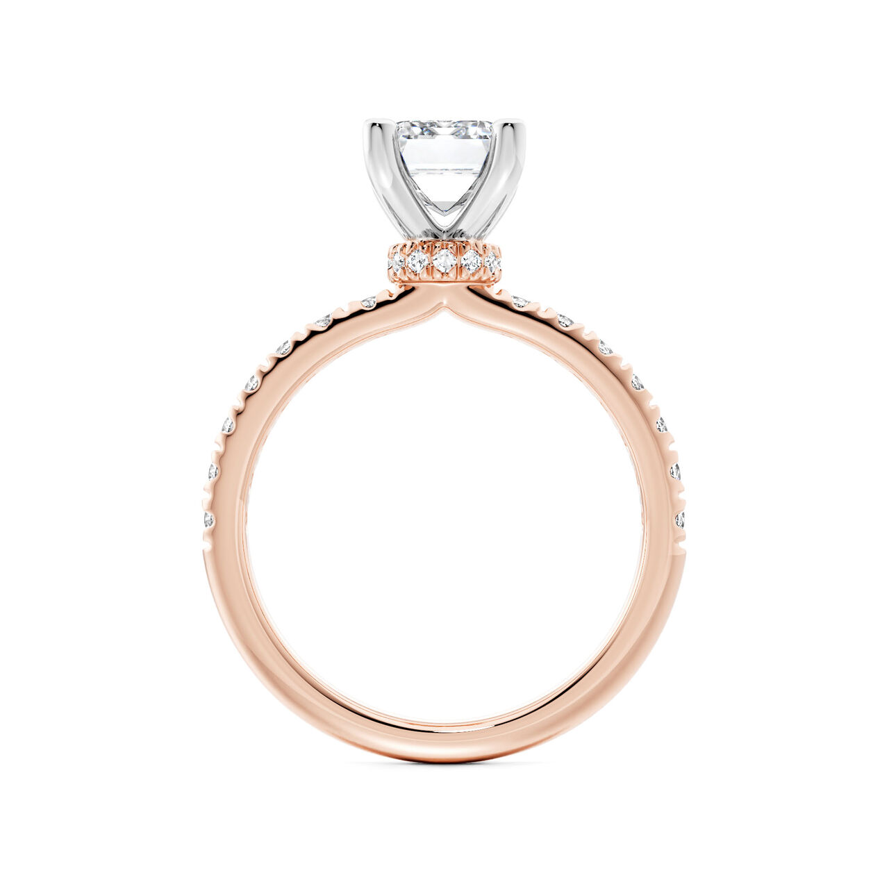 Birks Deco Bague de fian&ccedil;ailles en or rose avec solitaire &eacute;meraude et pav&eacute; de diamants, avec halo cach&eacute; en pav&eacute; image number 2