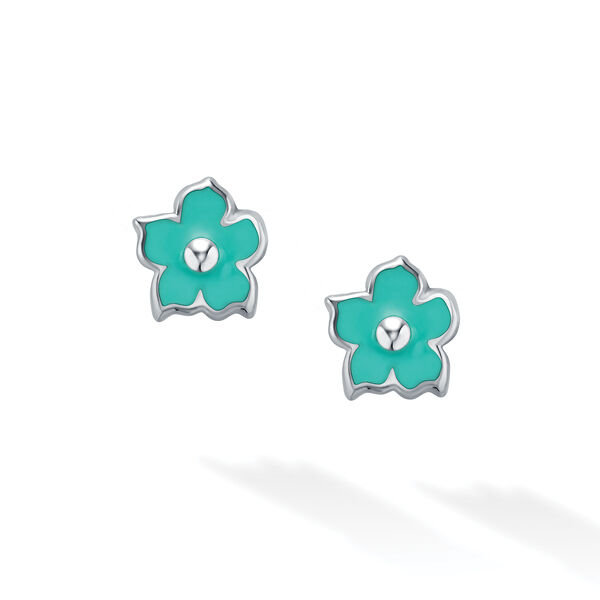 Turquoise Enamel and Silver Stud Flower Earrings for Kids