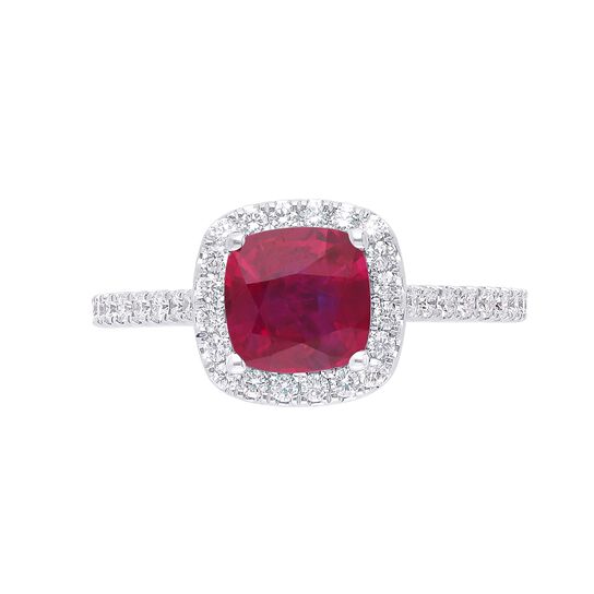 maison birks salon ruby cushion diamond halo ring sg05408r 8r front image number 0
