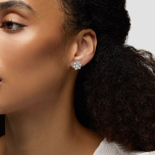 Birks Snowflake White Gold Snowflake Stud Earrings, Large On Model image number 1