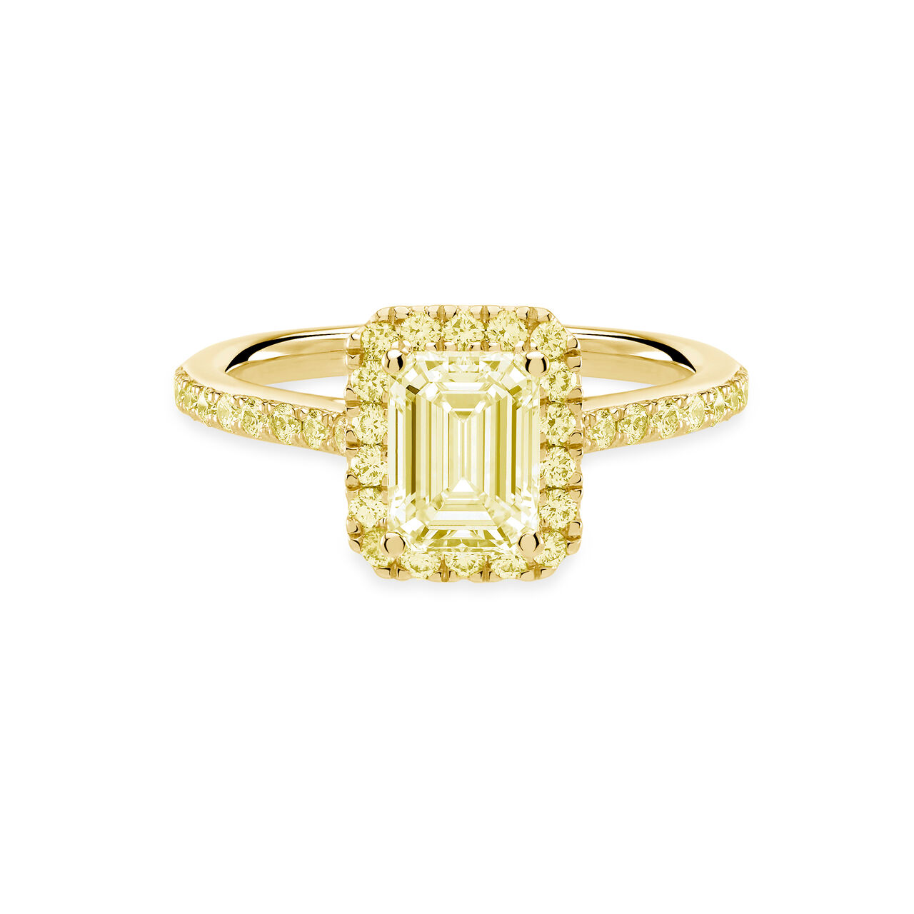 Birks Rosée du Matin  Emerald Cut Yellow Diamond Engagement Ring with Halo and Yellow Gold Pavé Band Front image number 0