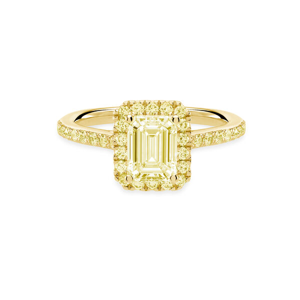 Bague de fiançailles avec diamant jaune de coupe émeraude à halo et anneau en or jaune pavé de diamants