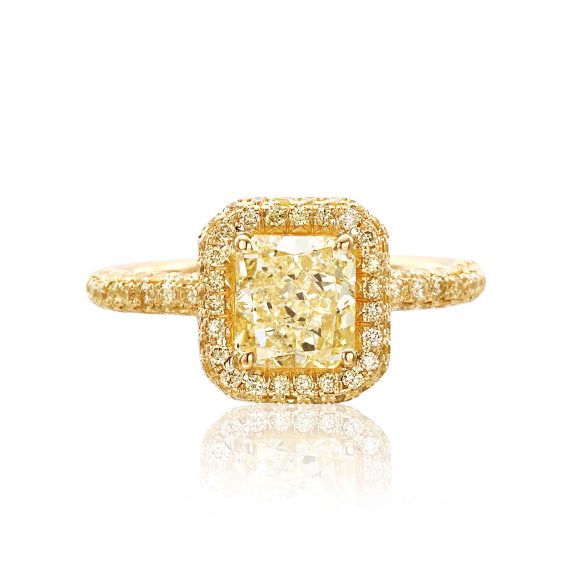 Cushion Cut Fancy Yellow Diamond Engagement Ring with Single Halo