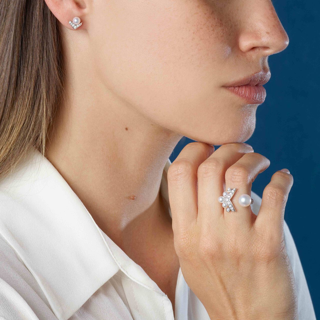 Chaumet Josephine Aigrette White Gold, Pearl and Diamond Pavé Stud Earrings 85046 on Model image number 1