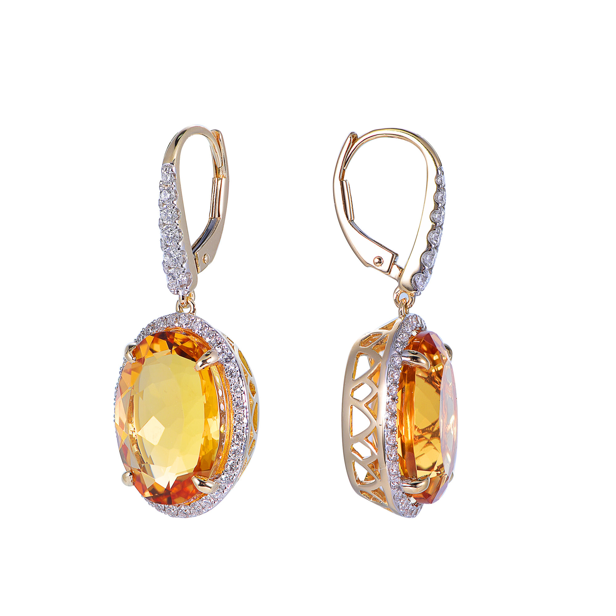 Oval Citrine Earrings with Diamond Halo in Yellow Gold