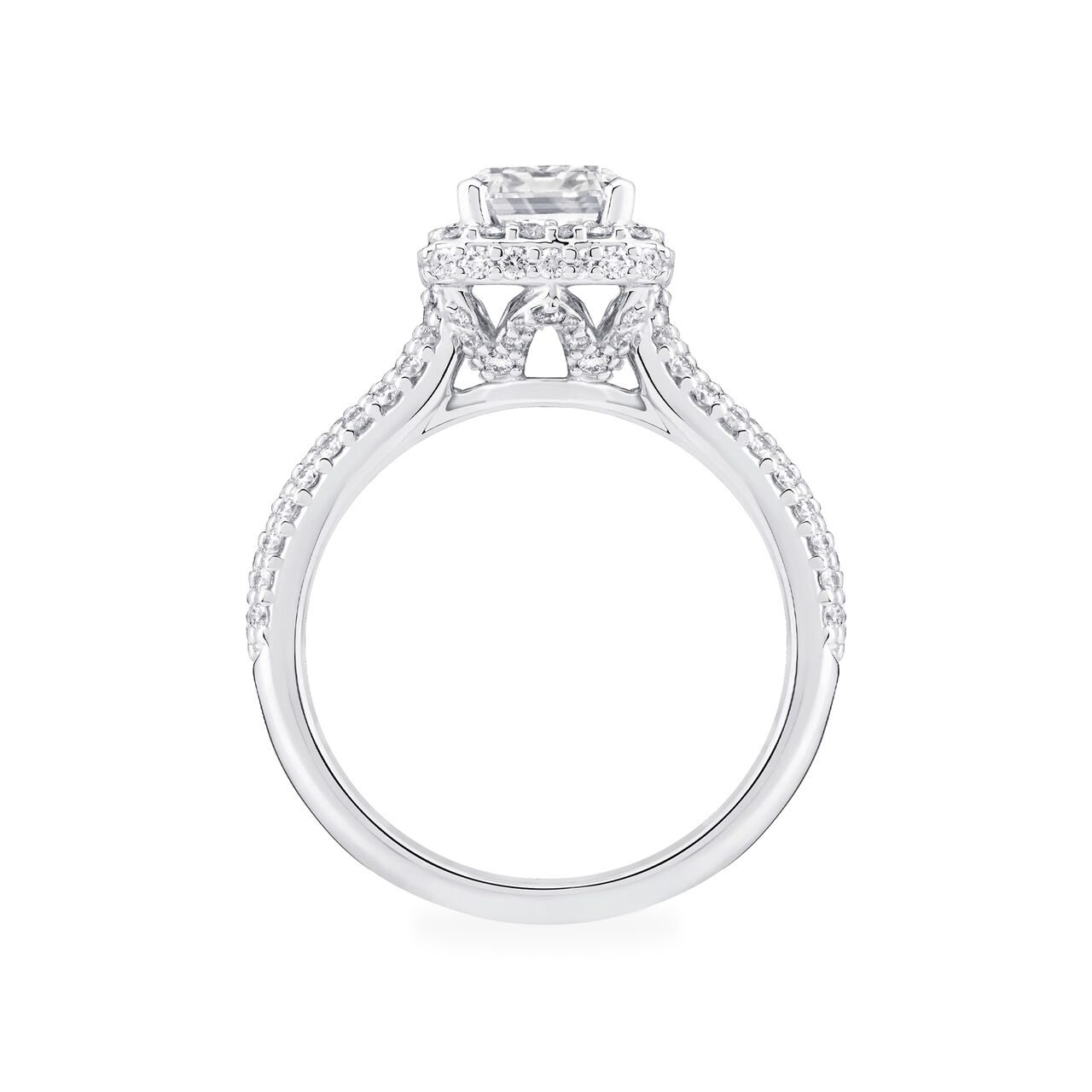Bague de fiançailles à diamant solitaire coupe émeraude avec halo et anneau serti de diamant image number 4