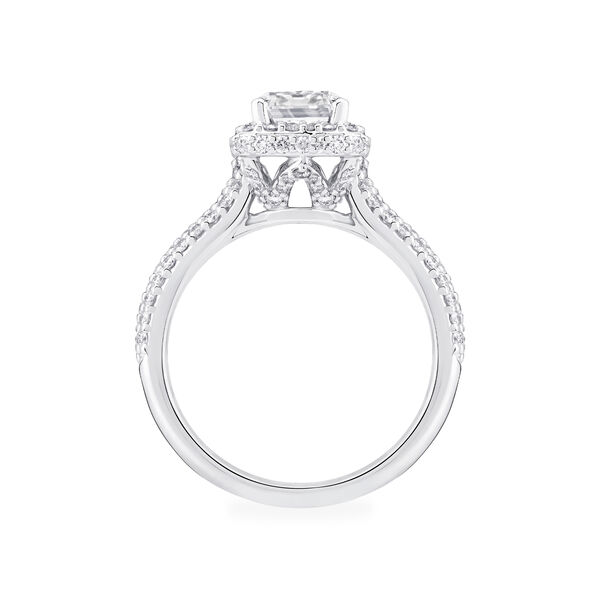 Emerald Cut Diamond Engagement Ring With Single Halo And Diamond Band