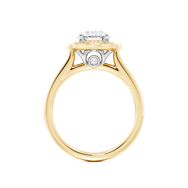 Heirloom Round Solitaire Diamond Engagement Ring with Halo and Yellow Gold Diamond Band