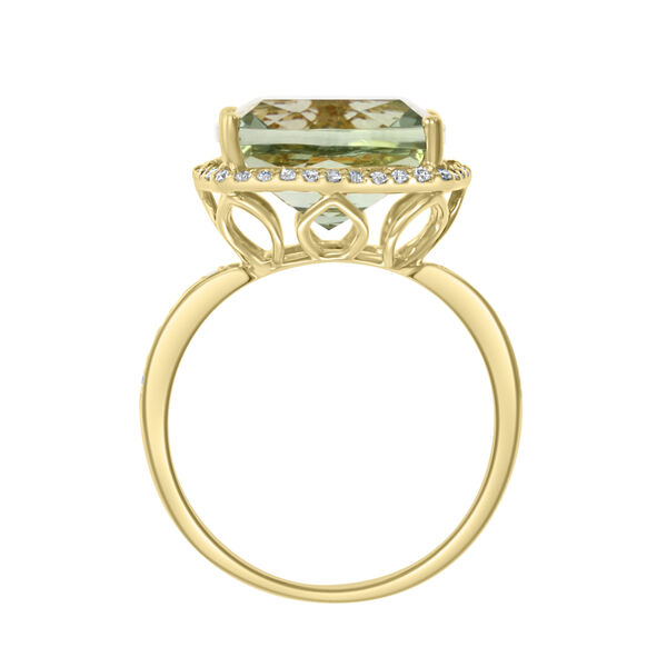 Bague quartz vert à coupe coussin en or jaune avec diamants