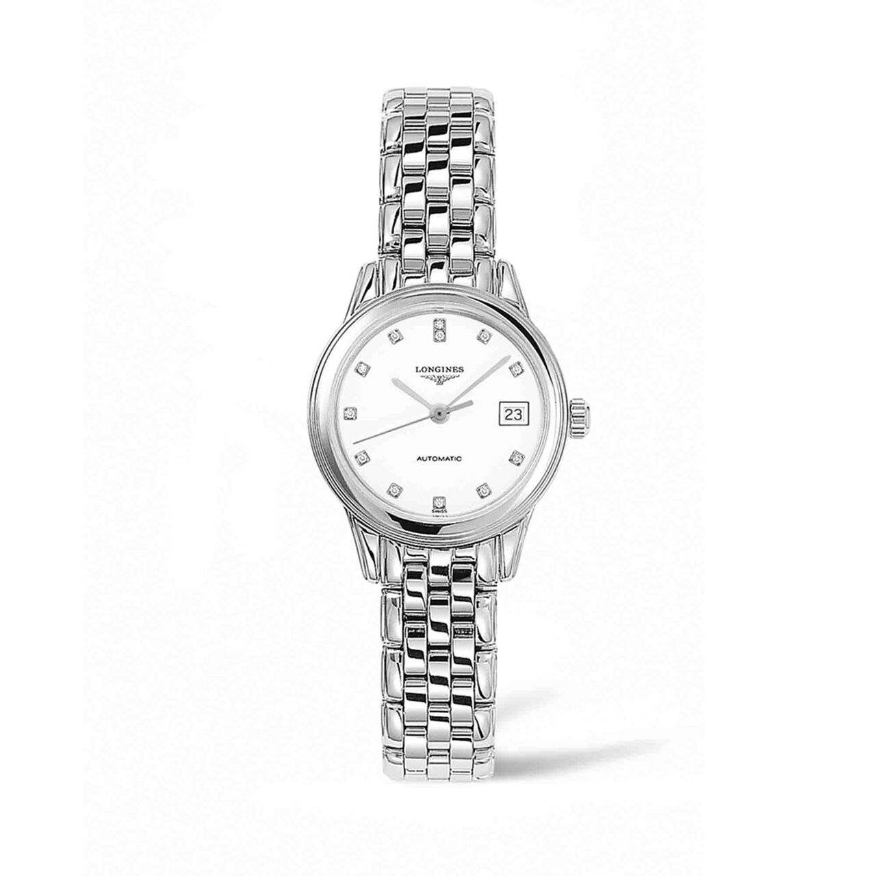 longines flagship 26mm automatic stainless steel mat white dial diamonds indexes l42744276 image number 0