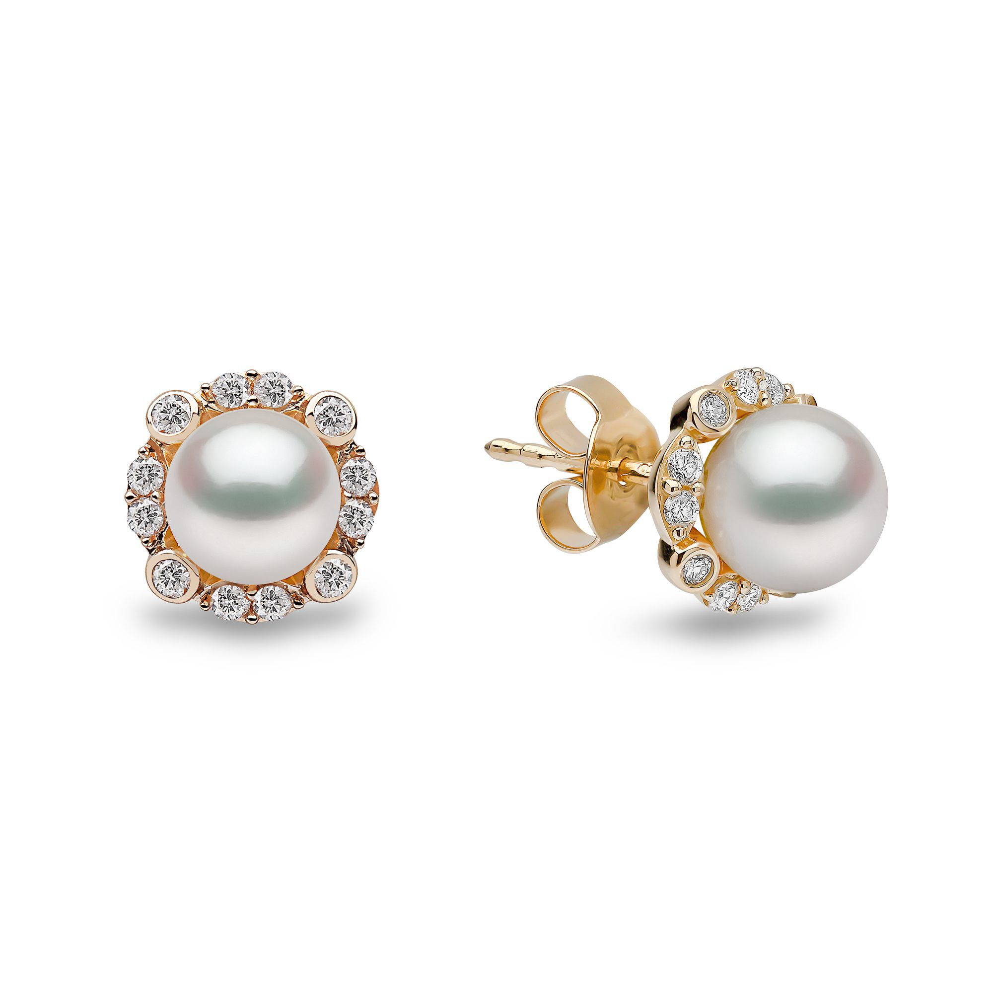 Trend Yellow Gold Pearl and Diamond Stud Earrings Yoko London