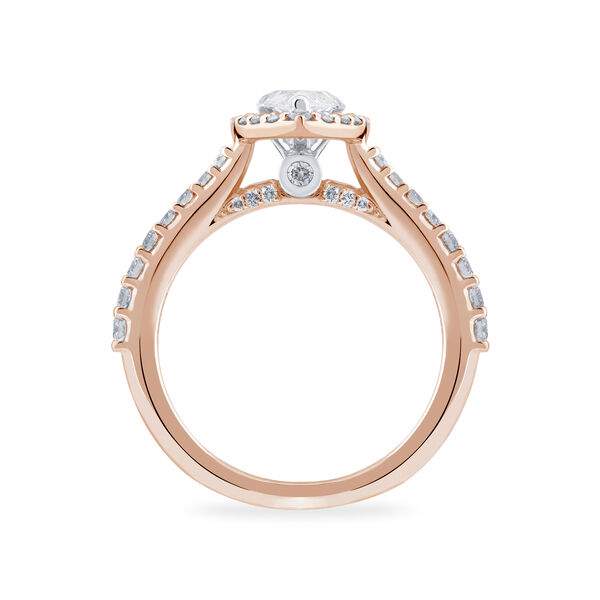 Bague de fiançailles à diamant coupe poire avec simple halo et anneau en or rose serti de diamants