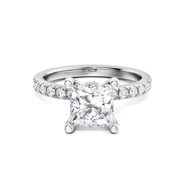 Princess‑Cut Solitaire Diamond Engagement Ring with Pav&eacute; Band and a Hidden Pav&eacute; Halo in Platinum