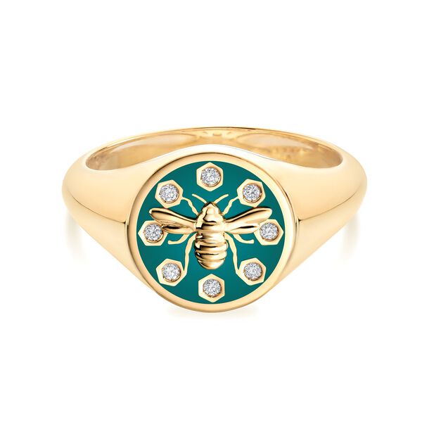 Small Teal Enamel and Diamond Round Signet Ring in Yellow Gold