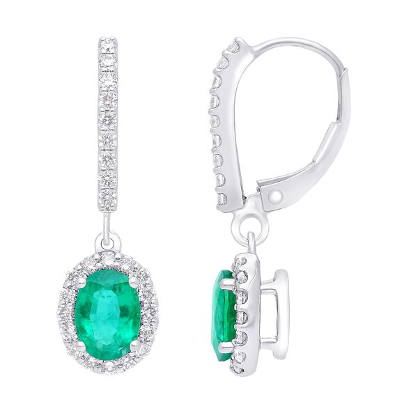 Boucles d'oreilles pendantes avec émeraudes ovales et halo de diamants