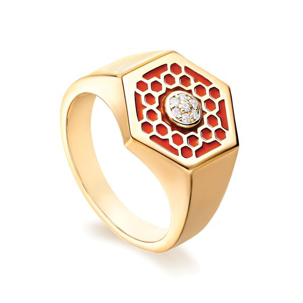 Chevalière hexagonale en or jaune et en émail rouge avec diamant