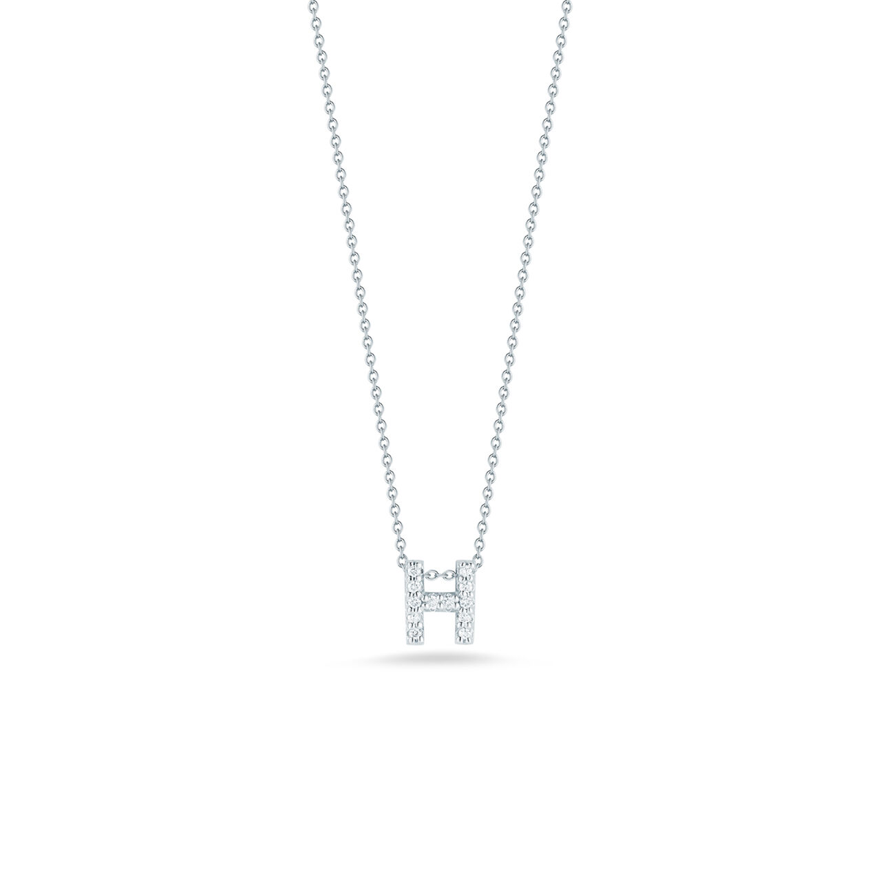 maison birks roberto coin tiny treasures love letter h white gold diamond necklace image number 0