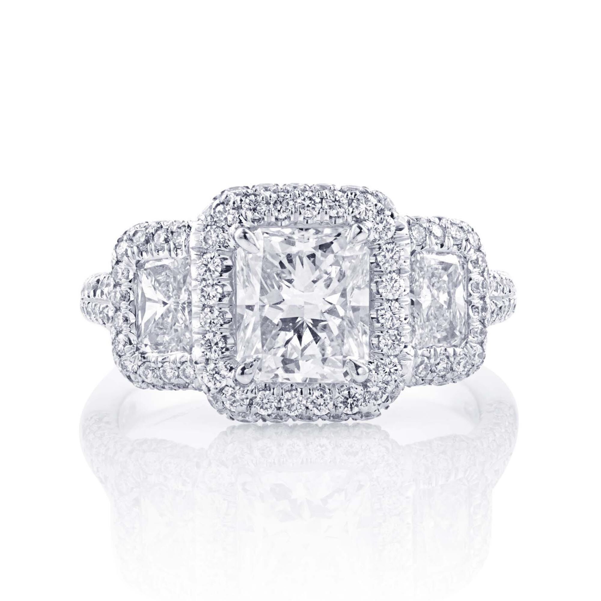 Three Stone Radiant Cut Diamond Engagement Ring with Single Halo JB Star 7006 006