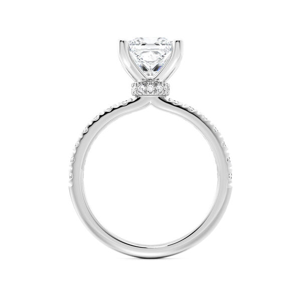 Princess‑Cut Solitaire Diamond Engagement Ring with Pav&eacute; Band and a Hidden Pav&eacute; Halo in Platinum
