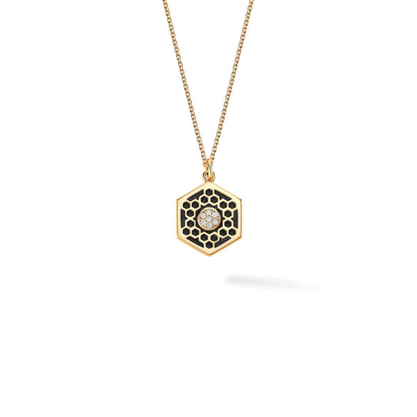Médaillon hexagonal de taille moyenne en or jaune et en émail noir avec diamant