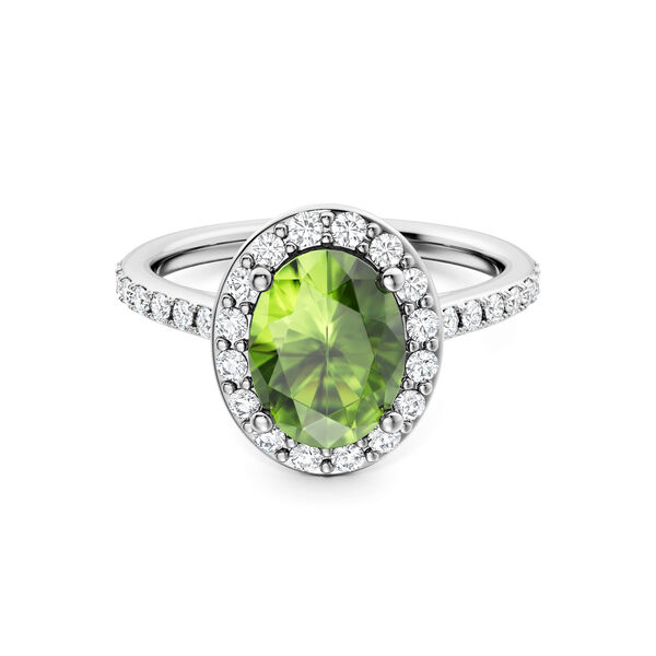 Oval-Cut Peridot Ring with Halo and Pav&eacute; Band
