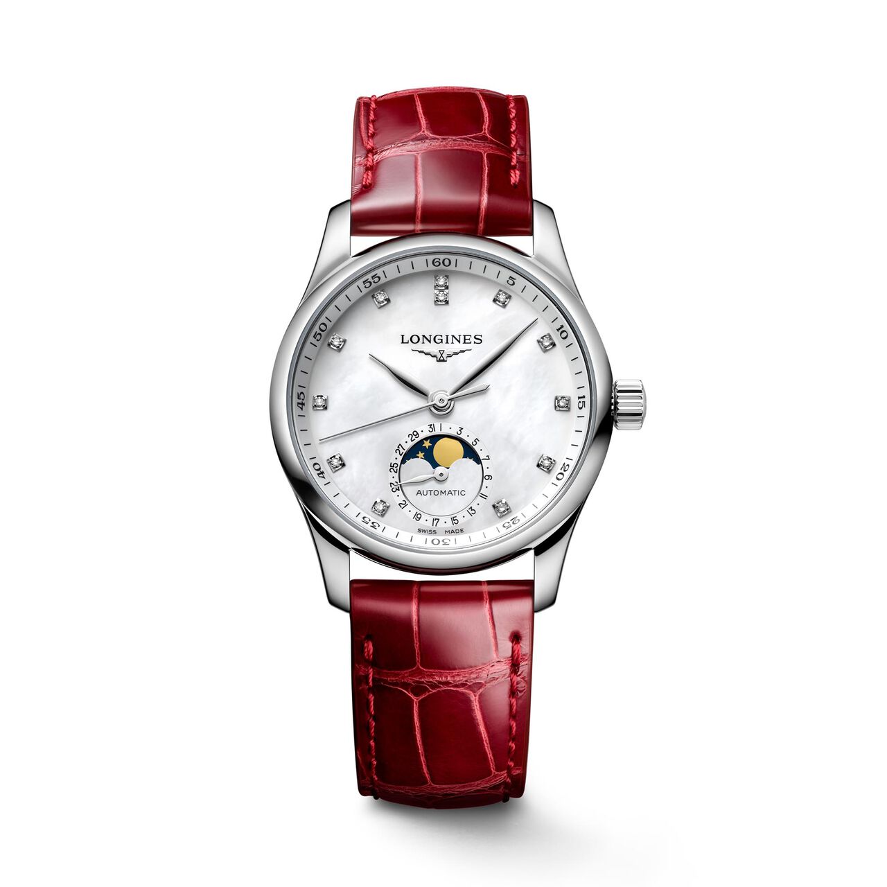 longines master automatic moonphase 34 mm steel diamond l2.409.4.87.2 front image number 0