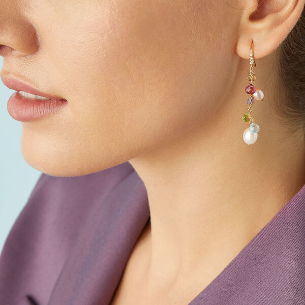 Boucles d'oreilles pendentives pendentives Paradise en or jaune avec pierres de couleur et perles