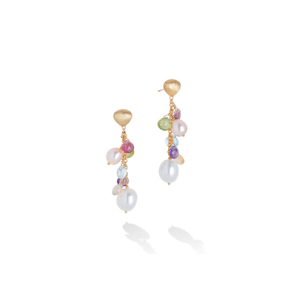 Boucles d'oreilles pendentives Paradise en or jaune avec pierres de couleur et perles