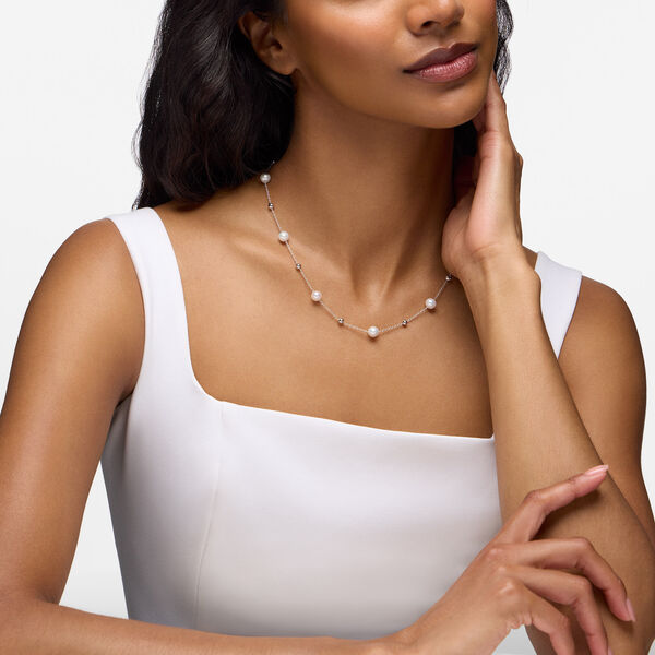 Sterling Silver Bead and Freshwater Pearl Station Necklace