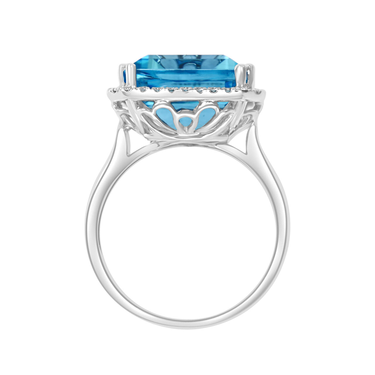 White Gold Emerald Cut Swiss Blue Topaz and Diamond Ring image number 2