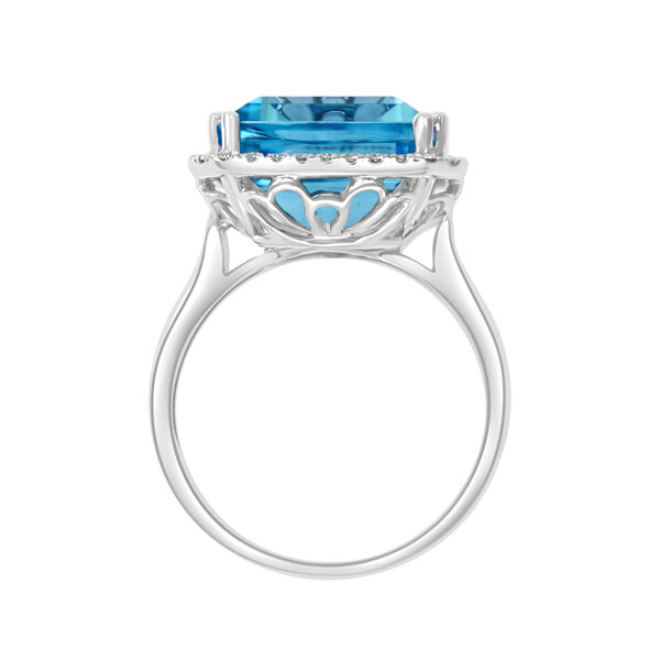 Bague topaze bleue suisse à coupe émeraude avec diamants en or blanc