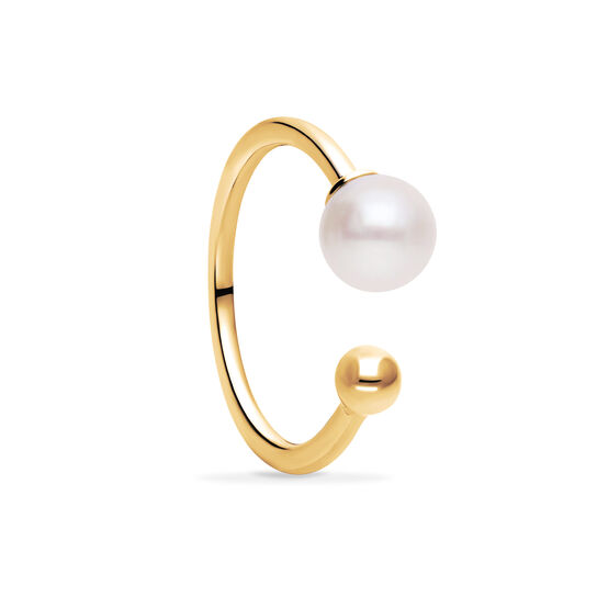 Birks Essentiels Bague ouverte en or jaune avec perle d&rsquo;eau douce et bille d&rsquo;or image number 3