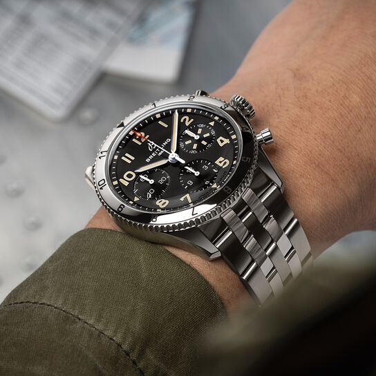 Breitling  Classic AVI P-51 Mustang Automatic Chronograph 42 mm Stainless Steel On Model image number 2