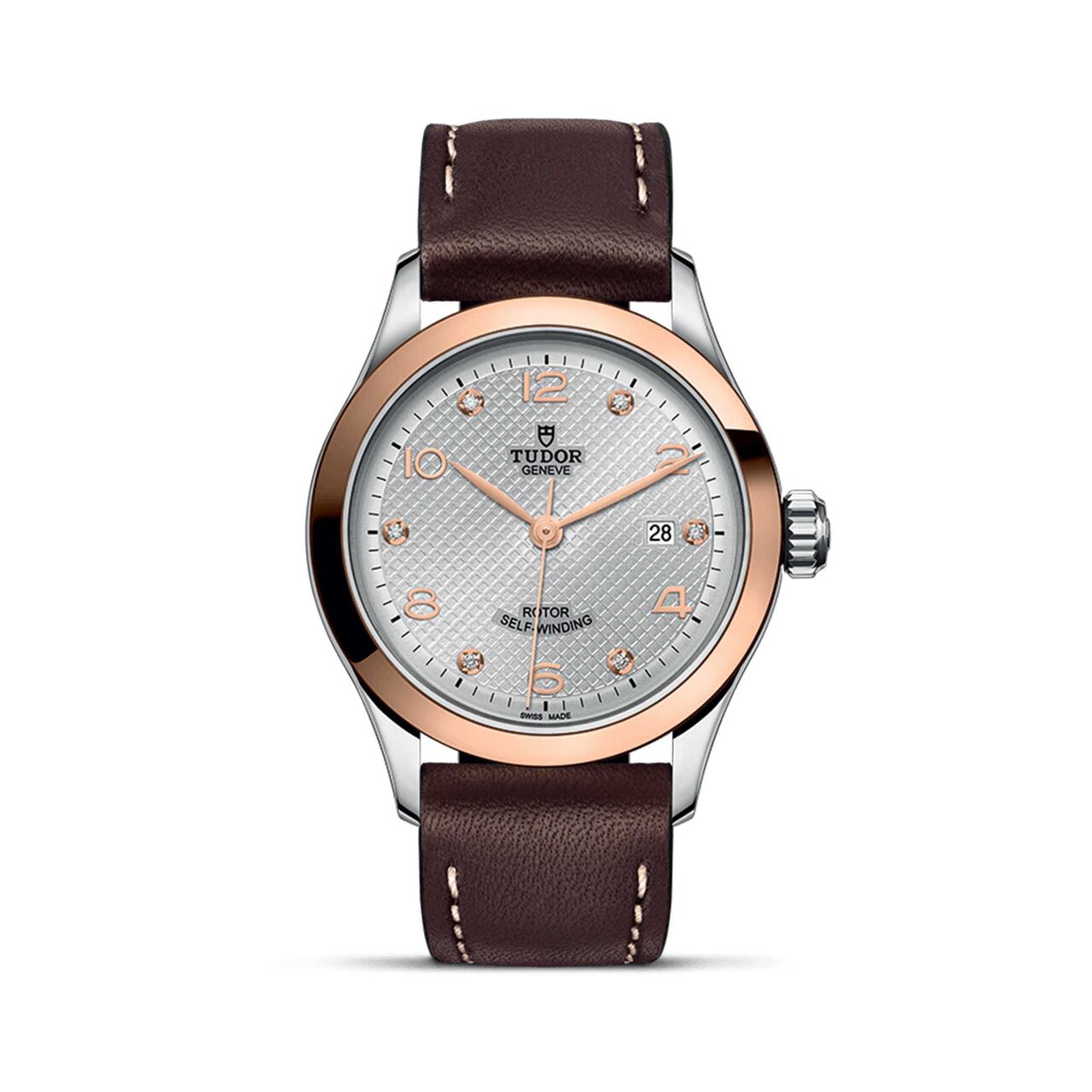 Tudor 1926 Boîtier en acier 28 mm^ cadran argenté serti de diamants^ lunette en or rose image number 0