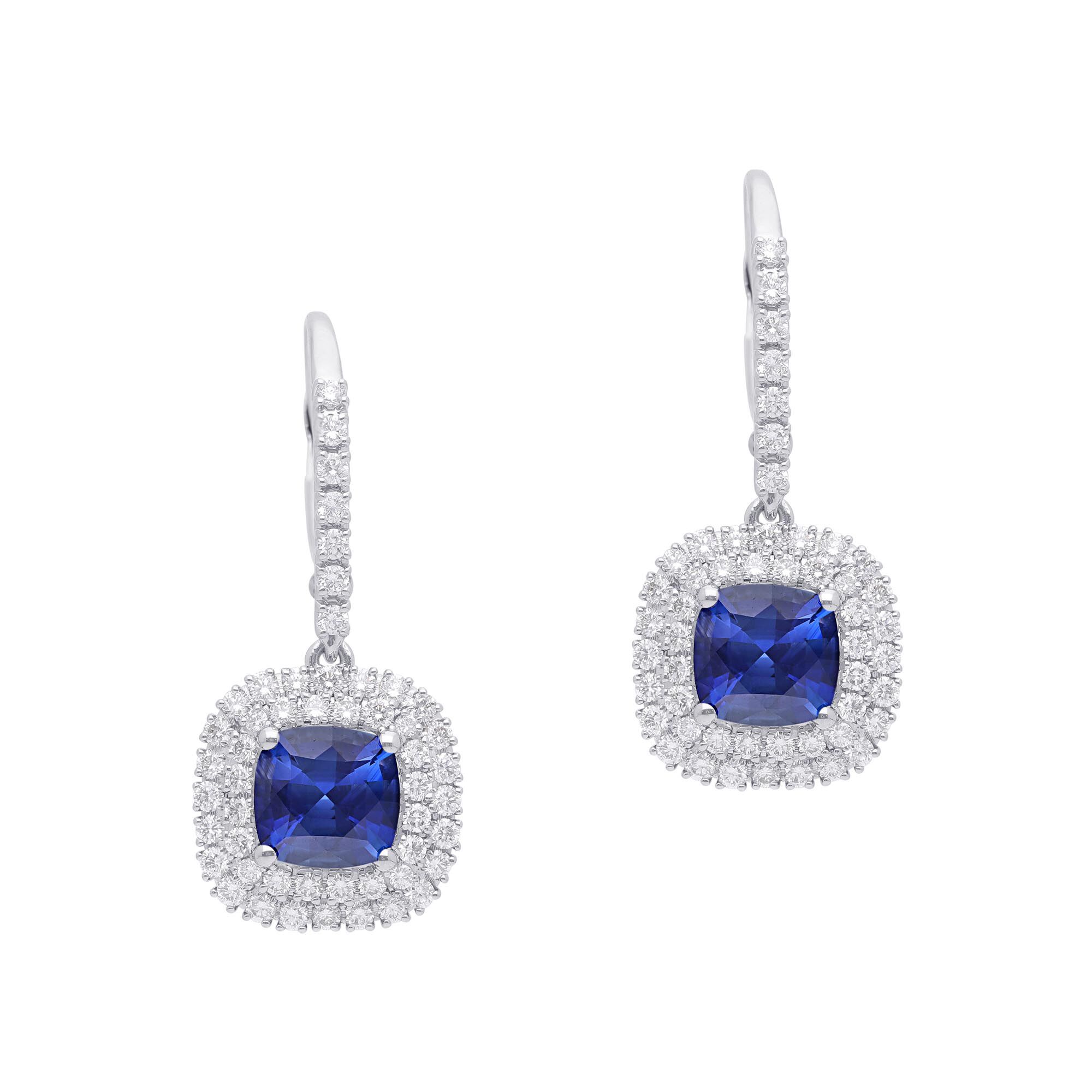 Cushion Cut Blue Sapphire and Double Diamond Halo Earrings 2.53