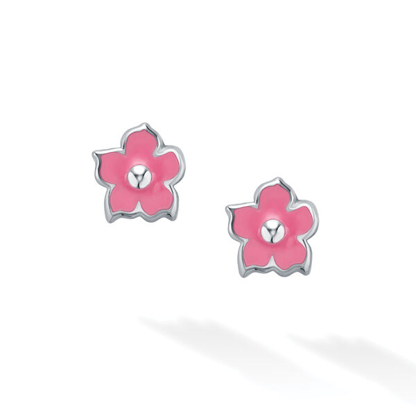 Boucles d’oreilles sur clou ornées de fleurs en émail rose et en argent