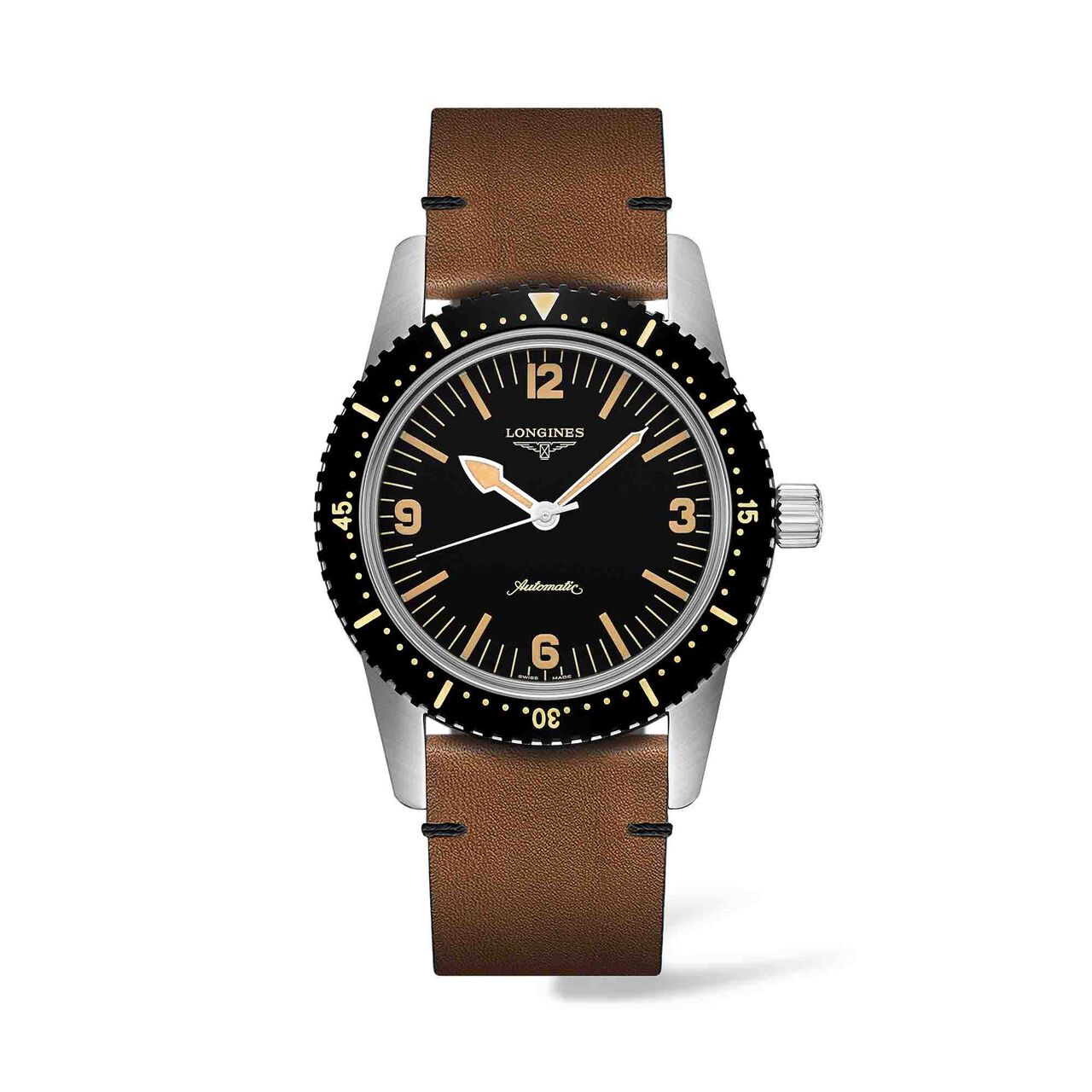 longines heritage skin diver 42mm automatic stainless steel black dial brown leather strap l28224562 image number 0