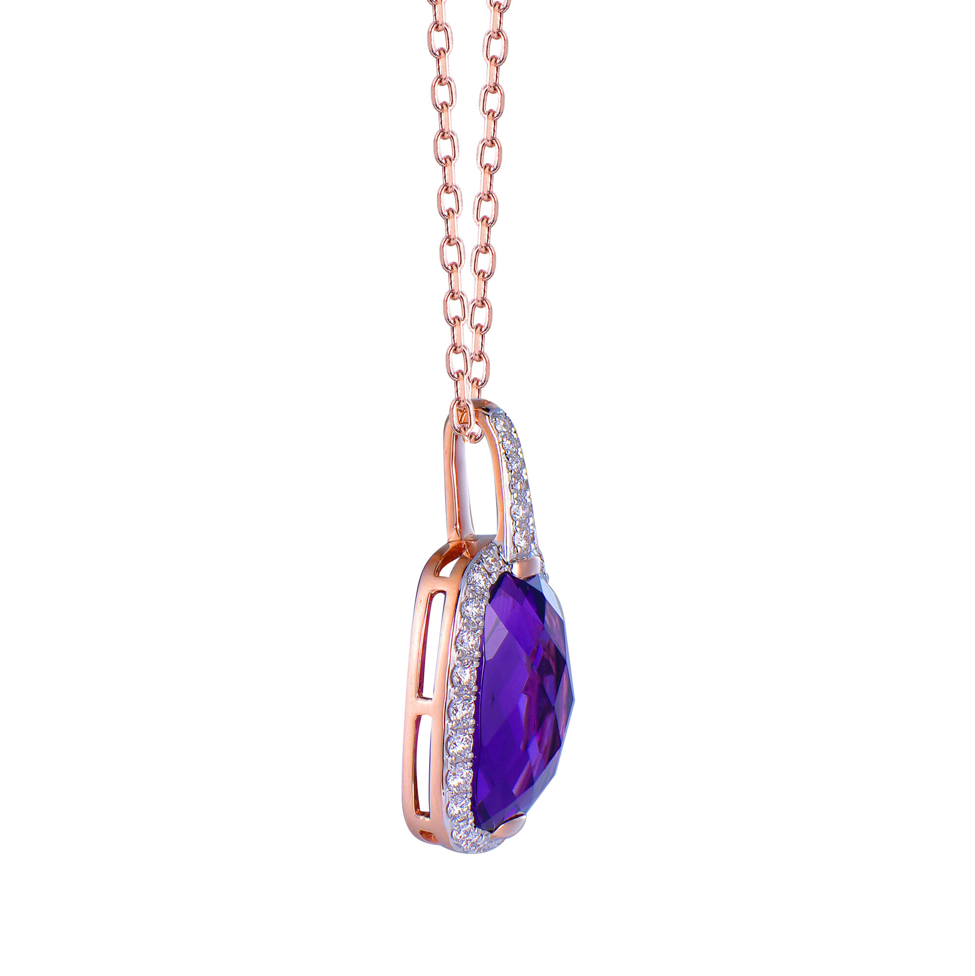 Amethyst Pendant with Diamond Halo in Rose Gold