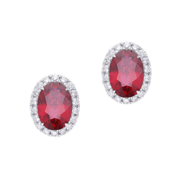 Oval Ruby and Diamond Halo Stud Earrings