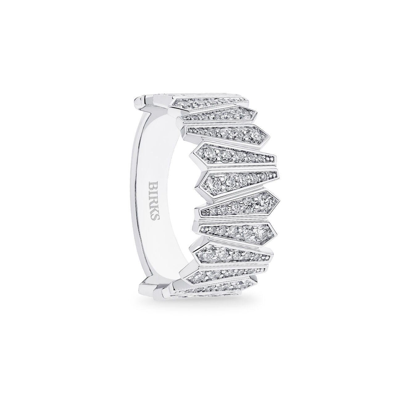 Angled view of Birks Beekeeper white gold ring with a single diamond image number 2