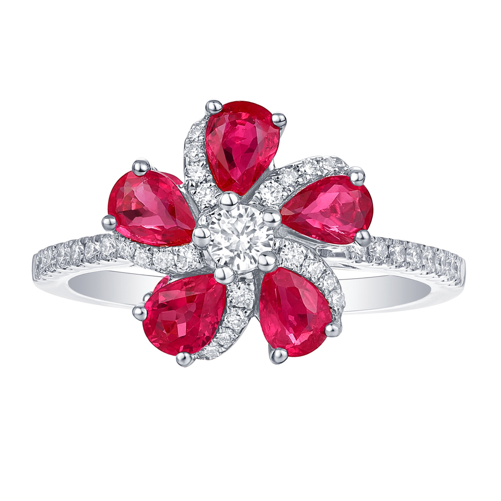 Ruby and Diamond Flower Ring in White Gold