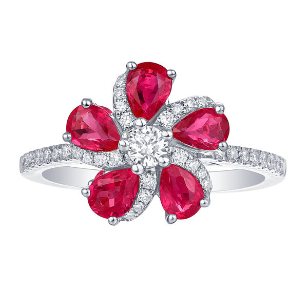 Bague fleur de rubis et diamants en or blanc