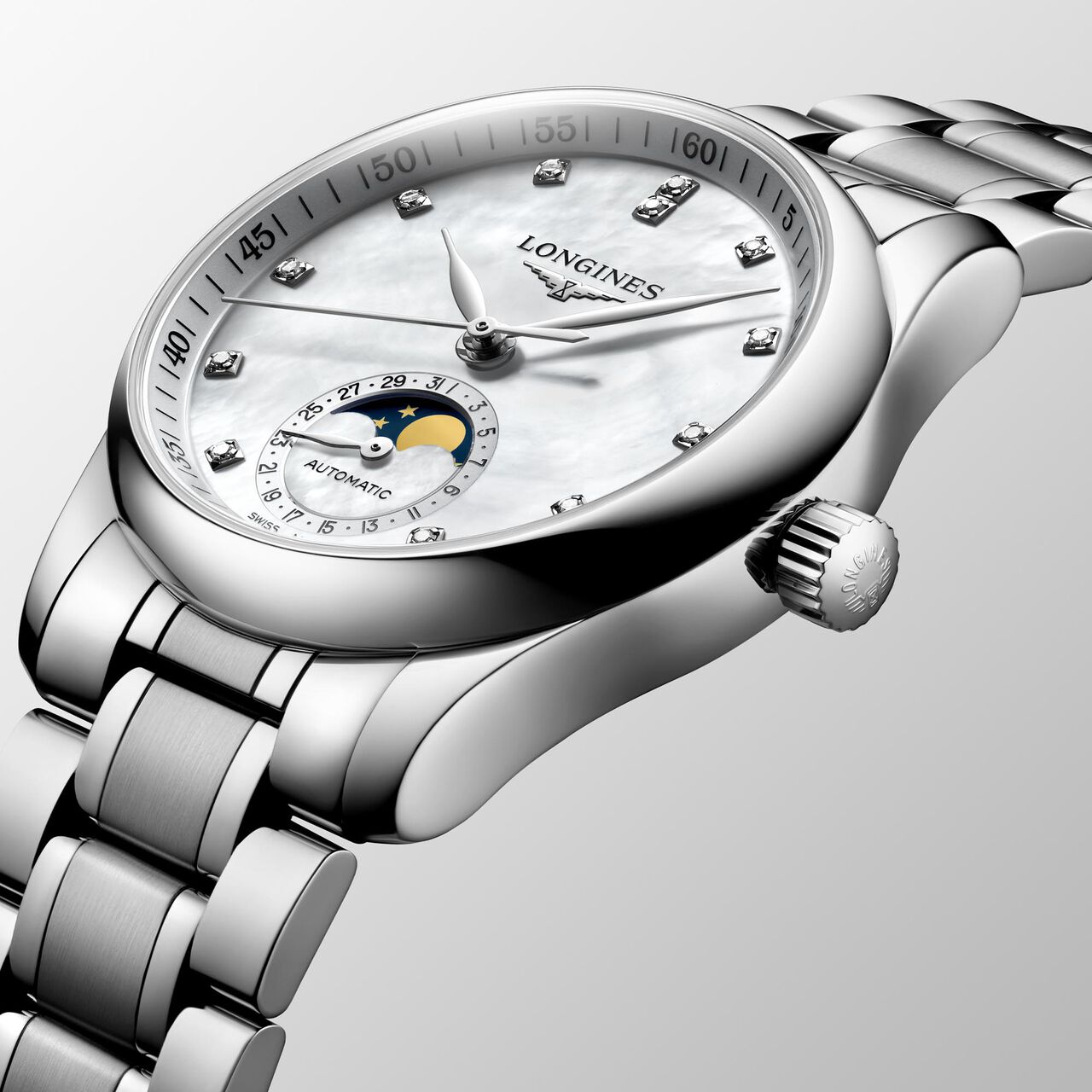 longines master automatic moonphase 34 mm steel diamond l2.409.4.87.6 angled image number 1