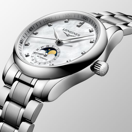 longines master automatic moonphase 34 mm steel diamond l2.409.4.87.6 angled image number 1